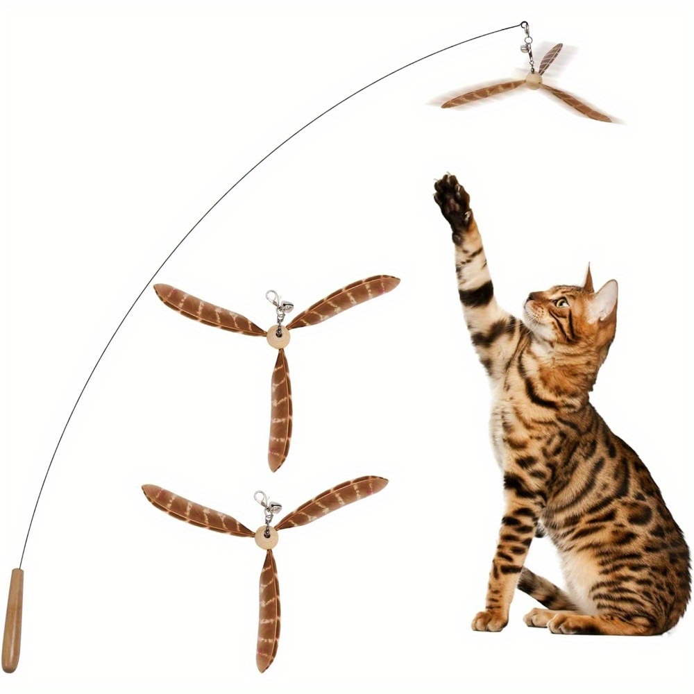 1pc Cat Wand Toy, 35.5 Inch Cat Feather Propeller Toy With Bell, Steel Wire  Cat Toy For Indoor Cats With Natural Feather, Solid Wood Handle An Extra C
