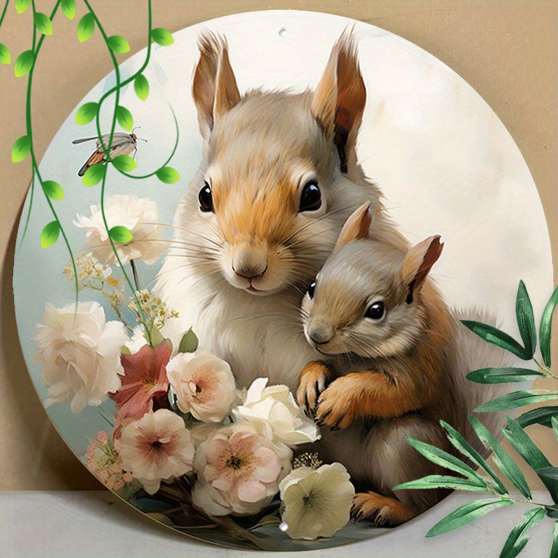 

1pc 8x8inch (20x20cm) Round Aluminum Sign Metal Tin Sign Forest Animals Mama Squirrel Mother's Day For Home