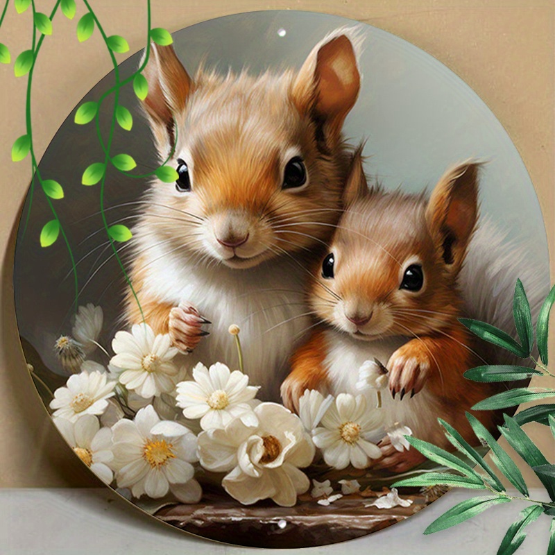 

1pc 8x8inch (20x20cm) Round Aluminum Sign Metal Tin Sign Forest Animals Mama Squirrel Mother's Day For Man Cave Home Decor Coffee