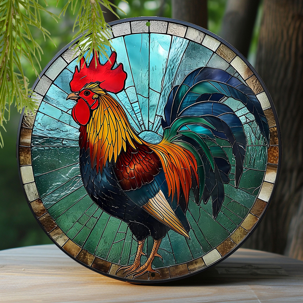 

1pc 8x8 Inch Spring Aluminum Metal Sign Faux Stained Glass Round Wreath Decor Sign For Office Decoration Fathers Gifts Rooster Theme Decoration