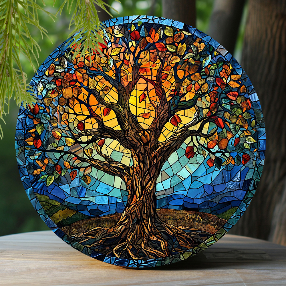 

1pc 8x8 Inch Spring Aluminum Metal Sign Tree Of Life Theme Decoration Faux Stained Glass Round Wreath Decor Sign Office Decoration Gifts L56