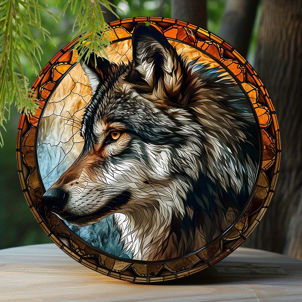 

1pc 8x8 Inch Spring Aluminum Metal Sign Wolf Theme Decoration Faux Stained Glass Round Wreath Decor Sign Office Decoration Gifts L57