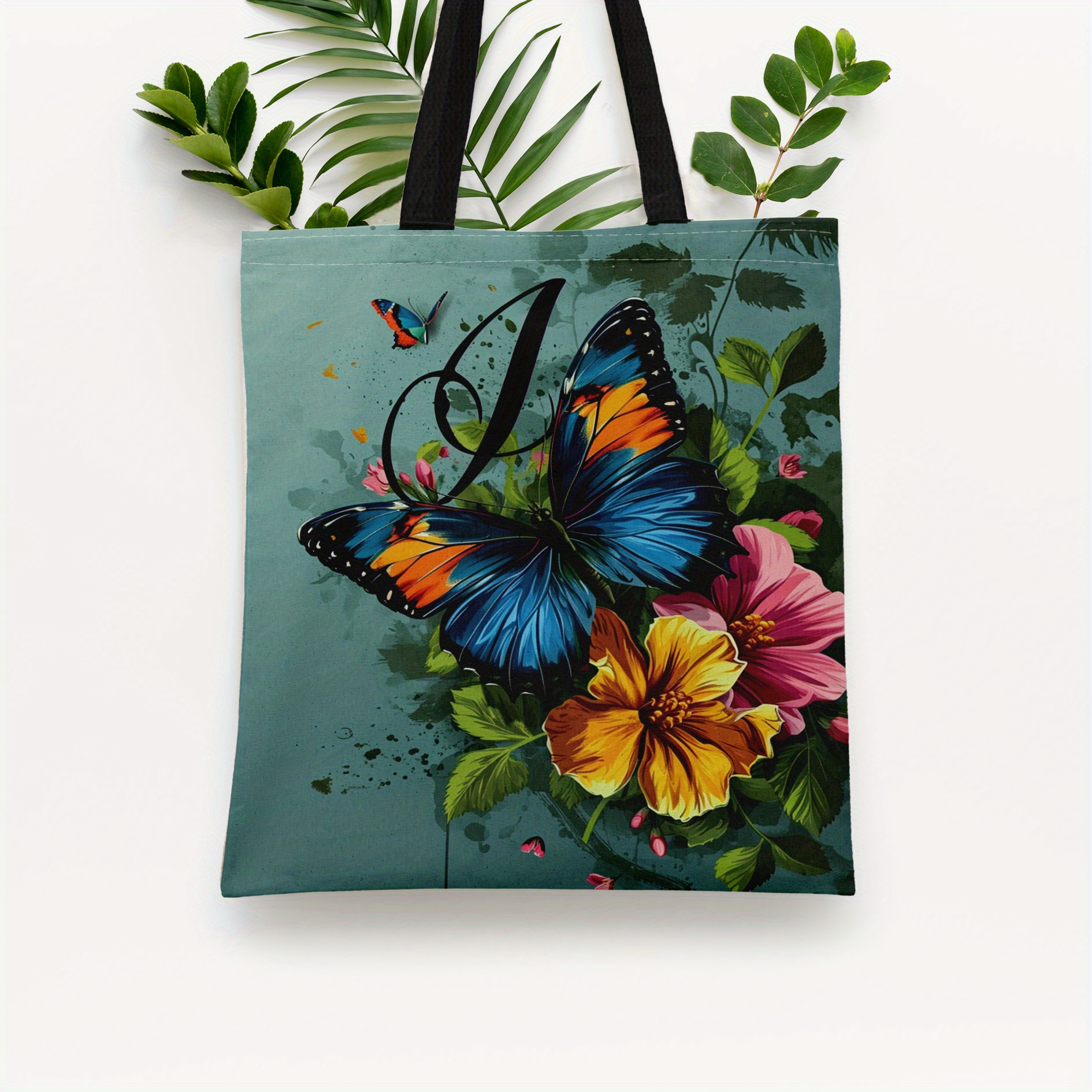 

1pc Canvas Tote Bag With Butterfly Pattern, Shopping, Cheap, And Repeated Use