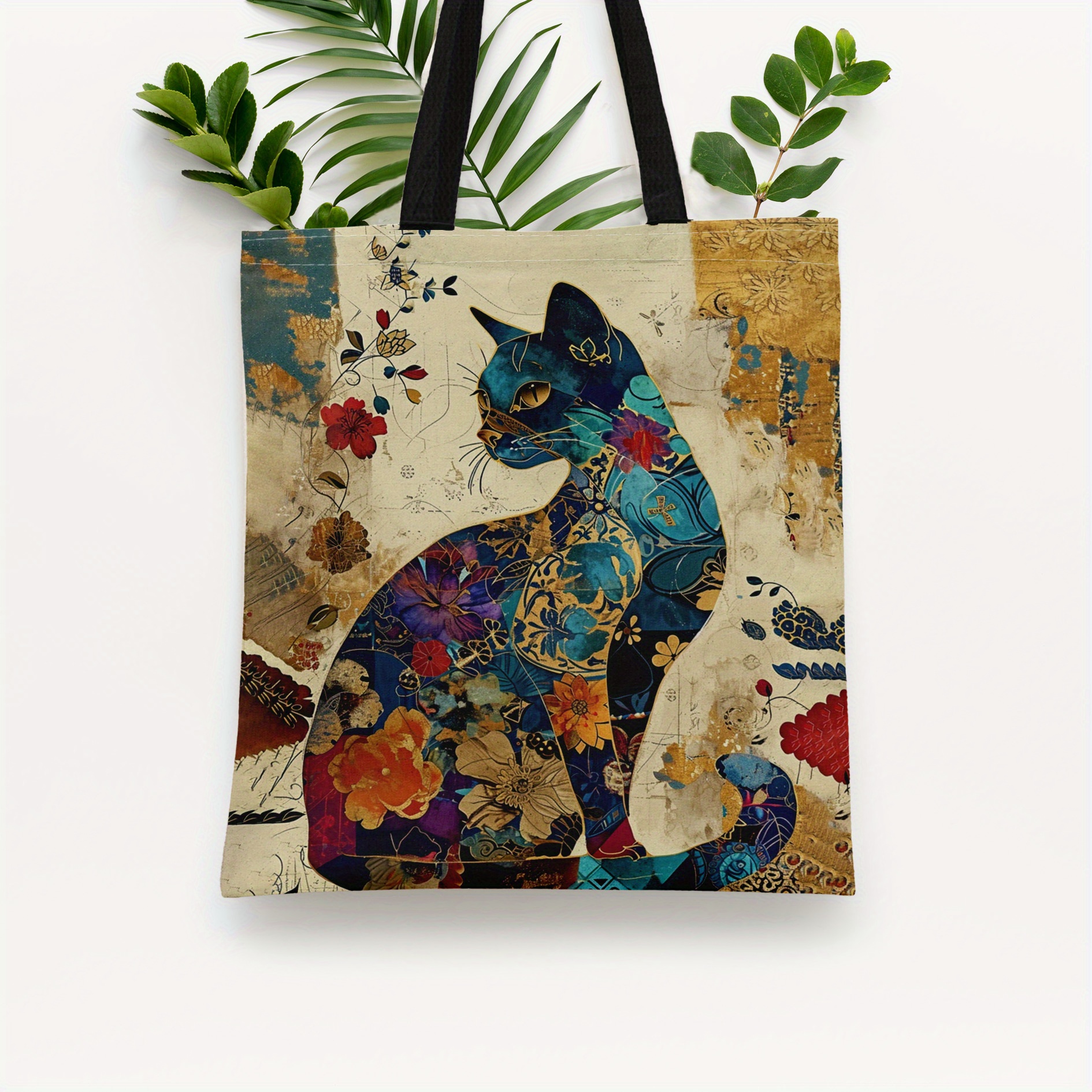 TEMU Floral Cat Pattern Tote Bag, Aesthetic Canvas School Shoulder Bag, Lightweight Grocery Shopping Bag