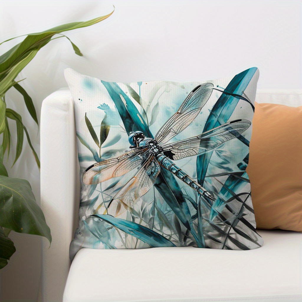 

1pc, Dragonfly Pattern Square Polyester Cushion Cover, Throw Pillow Cover, Bedroom Accessories, Sofa Cushion Cover, Living Room Throw Pillow Cover (no Pillow Core)