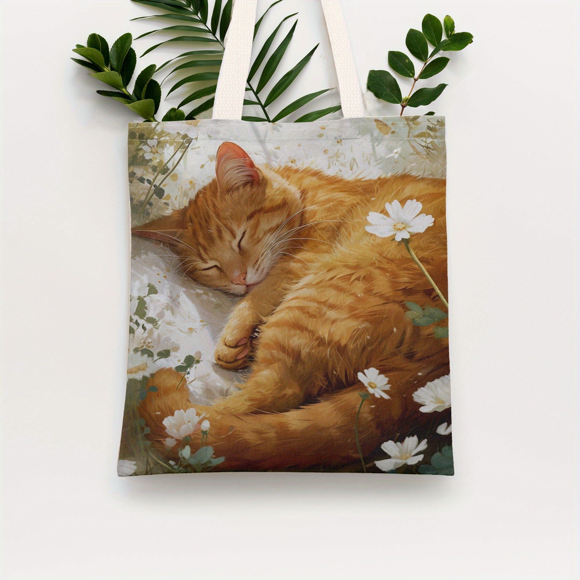 

Sleeping Cat In Flower Pattern Tote Bag, Aesthetic Canvas School Shoulder Bag, Lightweight Grocery Shopping Bag