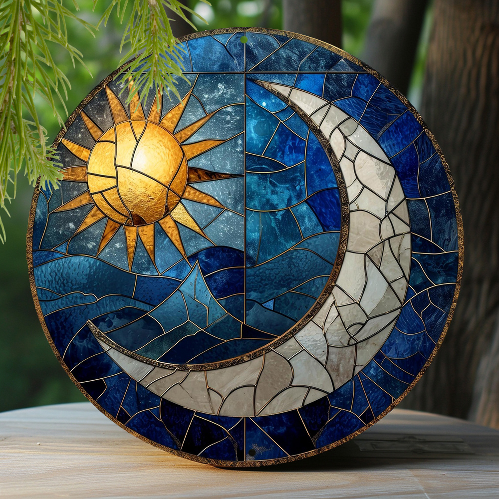 

1pc 8x8 Inch Spring Aluminum Sign Sun And Moon Theme Decoration Faux Stained Glass Round Wreath Decor Sign Bedroom Decoration Gifts L90