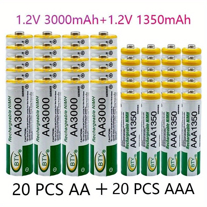 

8/16/24/32/40pcs, 1.2v Aa 3000mah Nimh Rechargeable Battery Aaa 1350mah Suitable For Mp3, Mobile Rc, Led Flashlight Toys Remote Control Mouse Small Fan Electric Toy