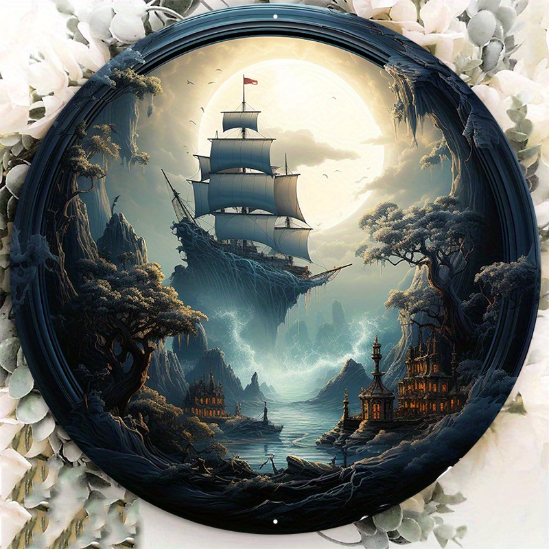 

1pc 8x8inch Aluminum Metal Sign A Pirate Ship Sailing Under A Full Moon, Home Decor, Circular Iron Paintings, Taverns, And Caves