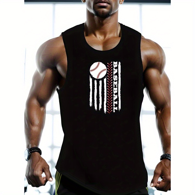 

Plus Size Baseball Graphic Print, Men's Graphic Design Tank Top, Casual Comfy Sleeveless Shirt For Men, Men's Sporty Breathable Clothing Top For Gym Training Workout, For Summer