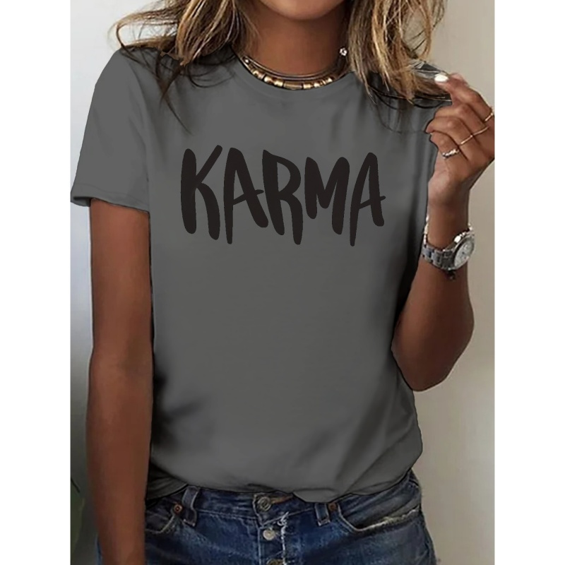 

Karma Letter Print T-shirt, Short Sleeve Crew Neck Casual Top For Summer & Spring, Women's Clothing