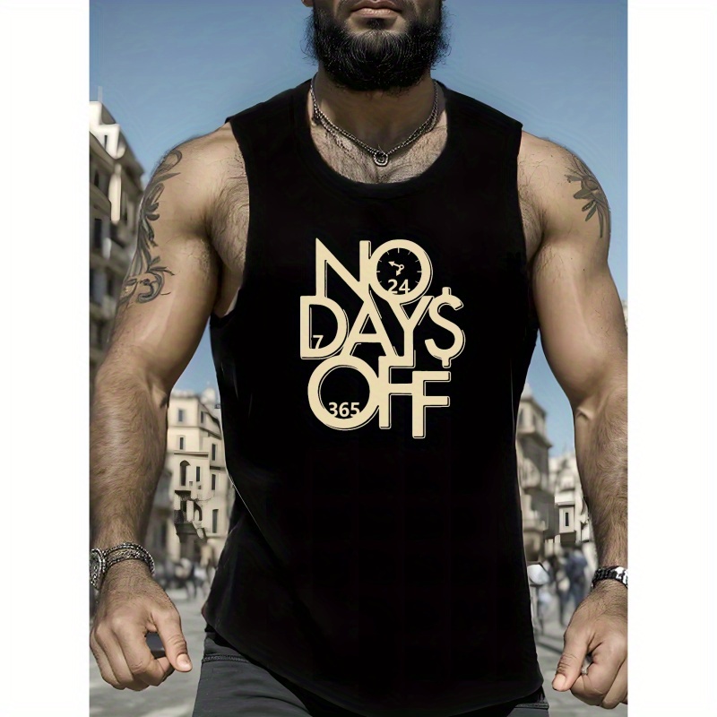 

No Days Off Print Sleeveless Tank Top, Men's Active Undershirts For Workout At The Gym