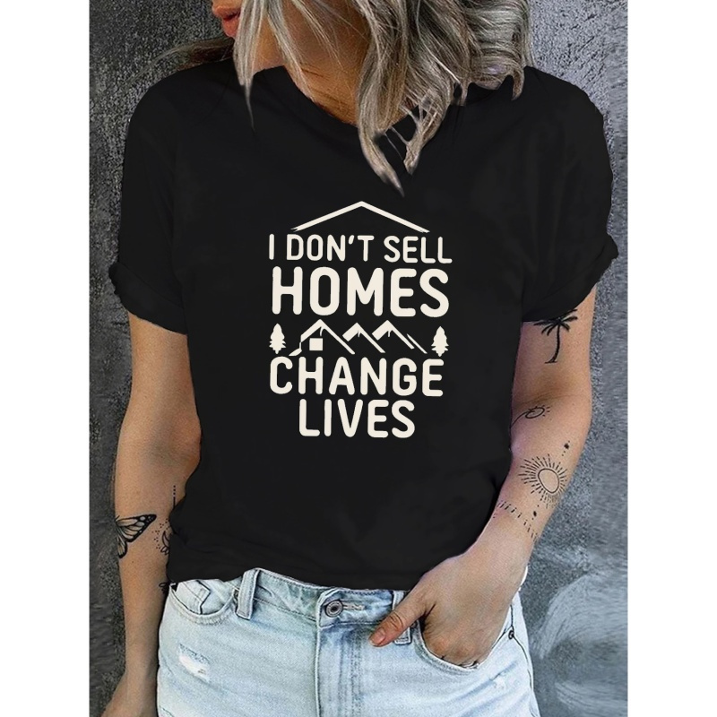 

Homes Lives Print T-shirt, Short Sleeve Crew Neck Casual Top For Summer & Spring, Women's Clothing