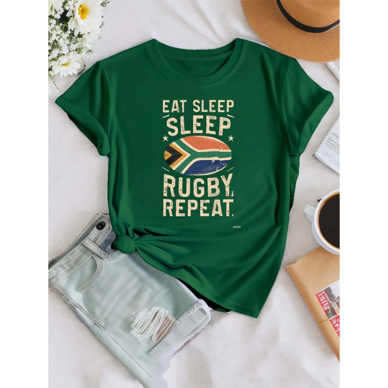 

Eat Sleep Rugby Repeat Print T-shirt, Short Sleeve Crew Neck Casual Top For Summer & Spring, Women's Clothing