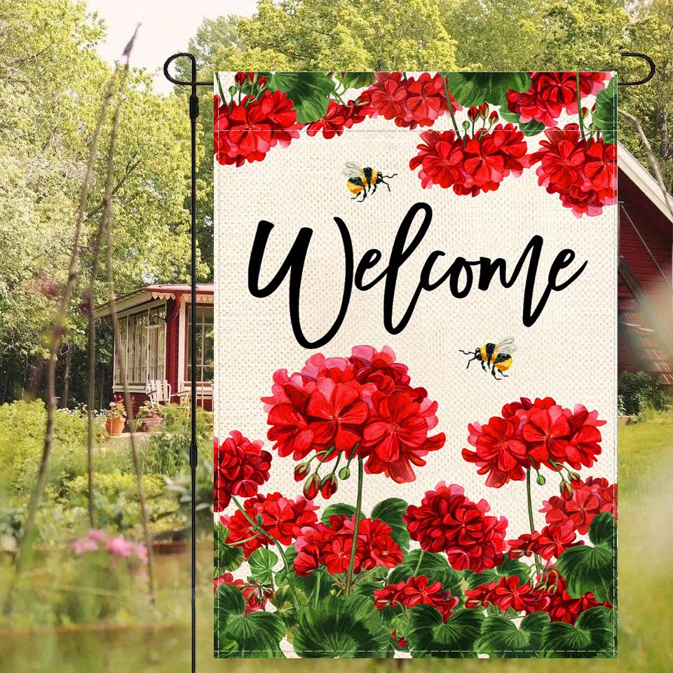 

1pc, Bee Red Floral Spring Summer Geranium Welcome Garden Flag, Double Sided Garden Yard Flag, Home Decor, Outside Decor, Yard Decor, Garden Decor, Holiday Decor, No Flagpole 12x18in