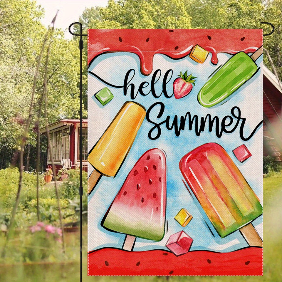 

1pc, Hello Summer Watermelon Popsicles Garden Flag, Double Sided Garden Yard Flag, Home Decor, Outside Decor, Yard Decor, Garden Decor, Holiday Decor, No Flagpole 12x18in