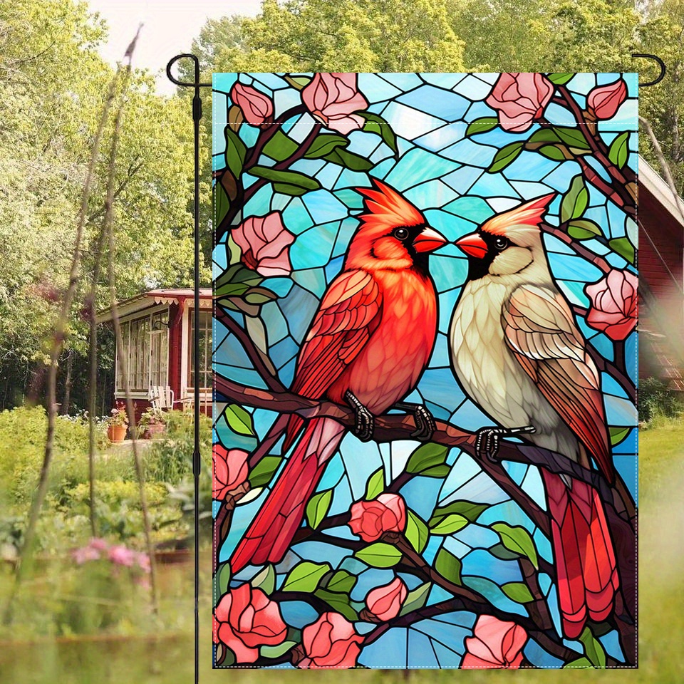 

1pc, Stained Glass Cardinals Spring Summer Welcome Garden Flag, Double Sided Garden Yard Flag, Home Decor, Outside Decor, Yard Decor, Garden Decor, Holiday Decor, No Flagpole 12x18in