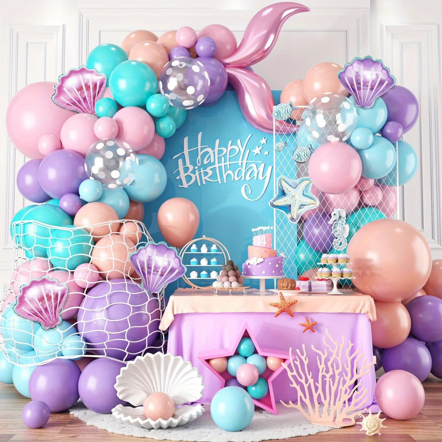 127pcs, Mermaid Balloon Arch Mermaid Balloon Garland Kit, Pastel * Purple  Orange Teal Polka Dot Balloon With Seashell Mermaid Tail Balloon, For Oce