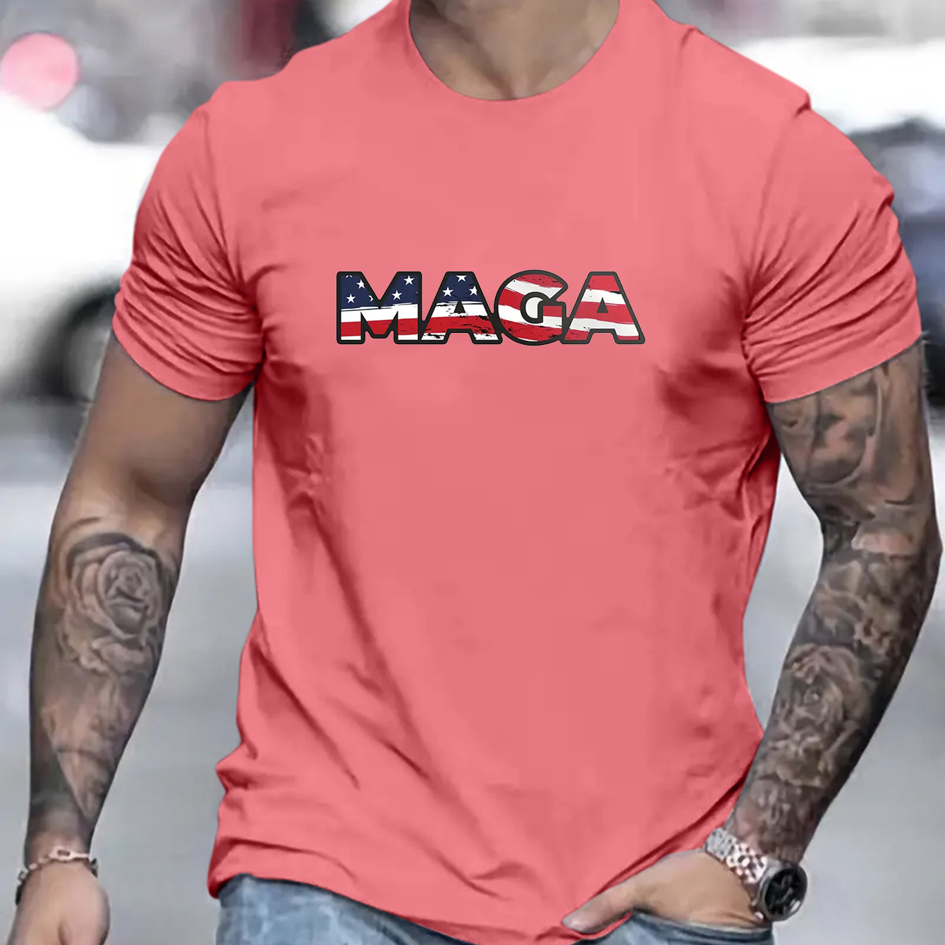 

Maga Letter Print Men's Short Sleeve Crew Neck T-shirts, Comfy Breathable Casual Elastic Tops, Men's Clothing