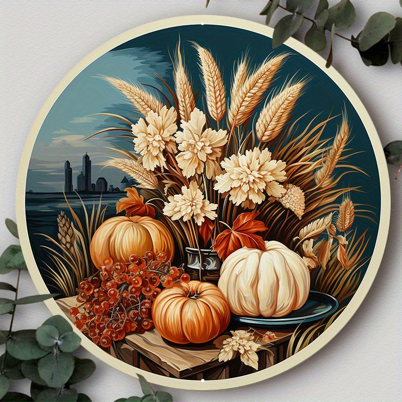 

1pc 8x8inch Aluminum Metal Sign A Round Sticker With Fall Pumpkins And Wheat On It, Cl, Suitable For Various Scenarios