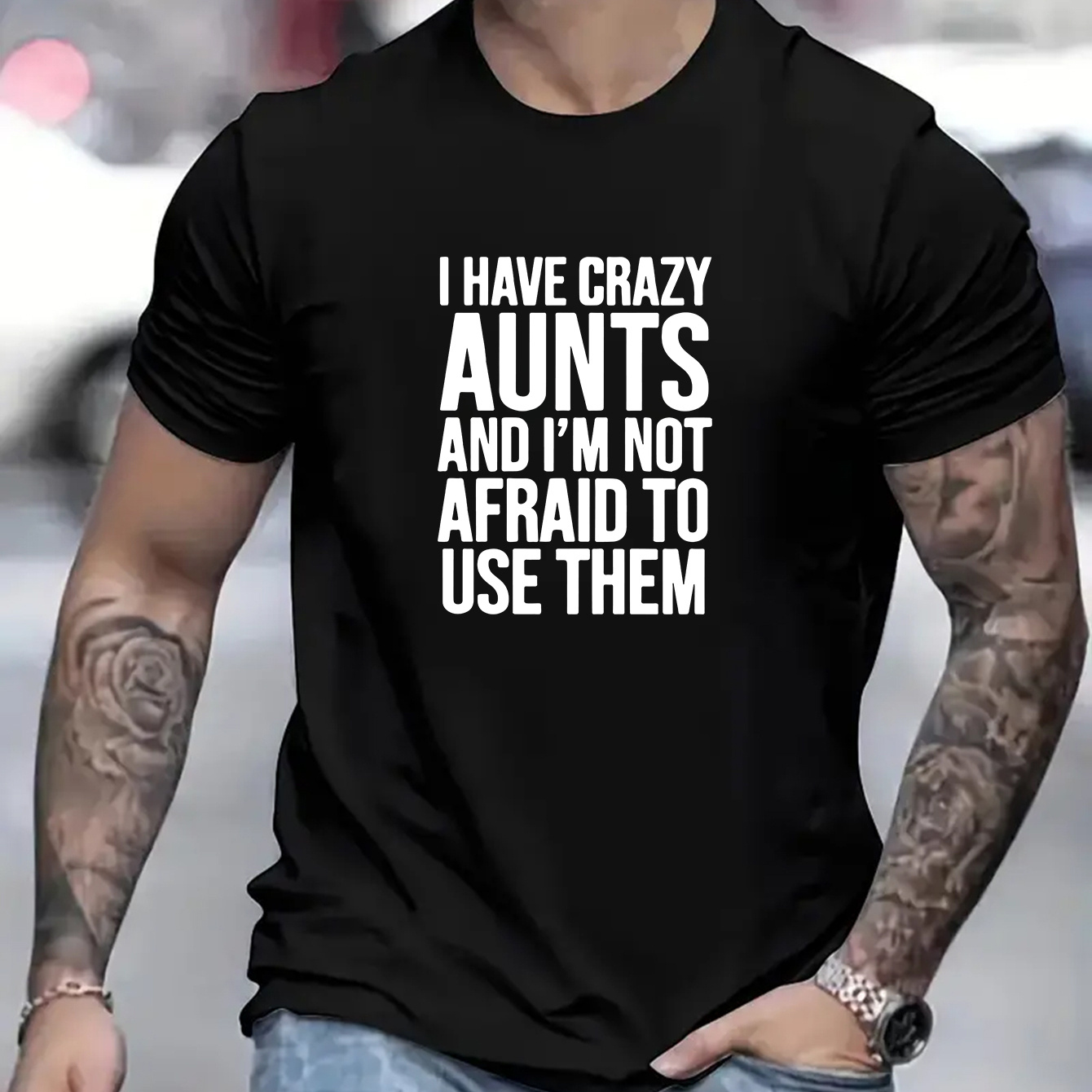 

I Have Crazy Aunts Letter Print Men's Short Sleeve Crew Neck T-shirts, Comfy Breathable Casual Elastic Tops, Men's Clothing