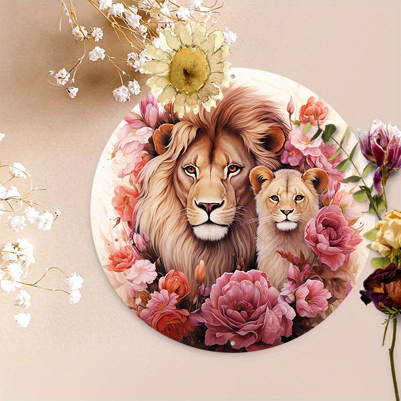 1pc 8x8inch (20x20cm) Round Aluminum Sign Metal Sign Lion Family Mother and  Daughter Son Mother's Day SIGN for Garden