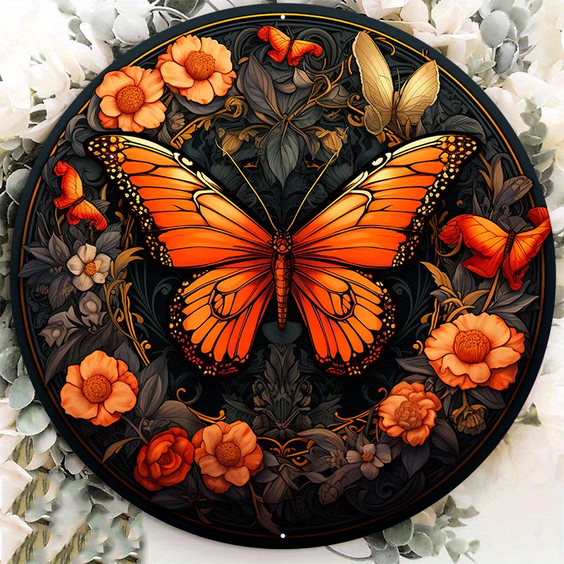 

1pc 8x8inch Aluminum Metal Sign Black And Orange Butterfly Wreath Sign, Metal Butterfly Sign, Butterfly And Flowers Wreath Sign,
