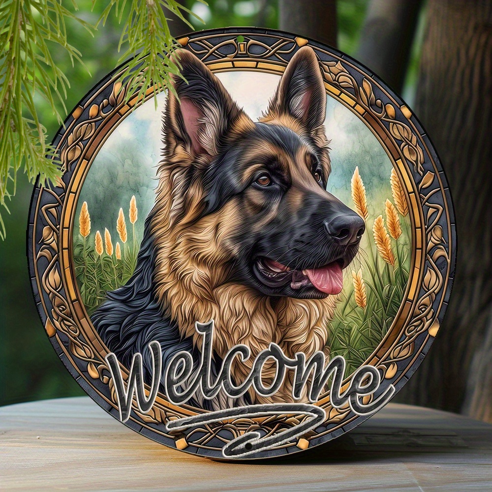 

1pc 8x8 Inch Spring Aluminum Metal Sign German Shepherd Theme Decoration Faux Origami Window Decorations Round Wreath Sign Office Decoration Father's Day Gifts M61