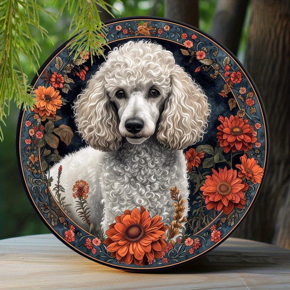

1pc 8x8 Inch Spring Aluminum Metal Sign Poodle Theme Decoration Faux Origami Window Decorations Round Wreath Sign Dormitory Decoration Father's Day Gifts M43