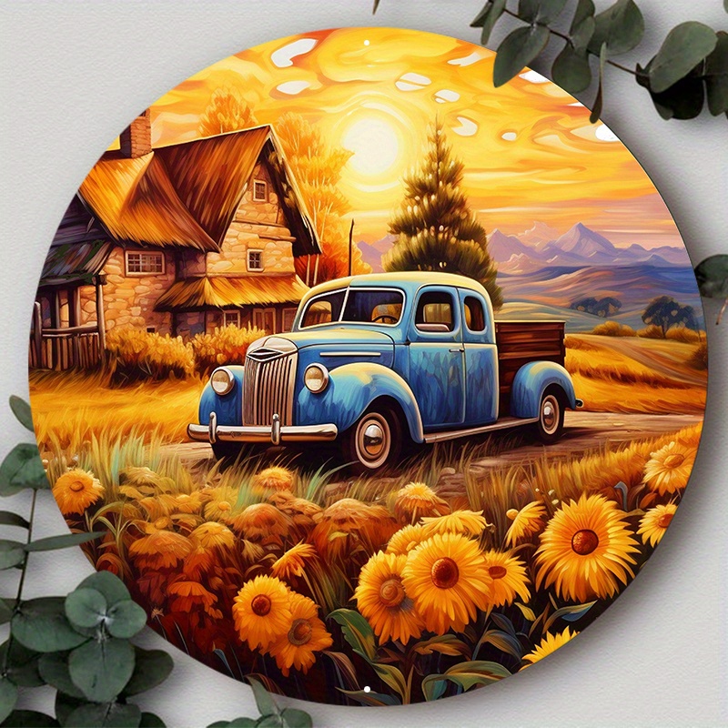 

1pc 20cm X 20cm/8x8inch Aluminum Metal Sign Blue Truck With Sunflowers Wreath Sign, Metal Wreath Sign, Signs For Wreaths, Round Wreath Sign, Home Decor, Suitable For Various Scenarios