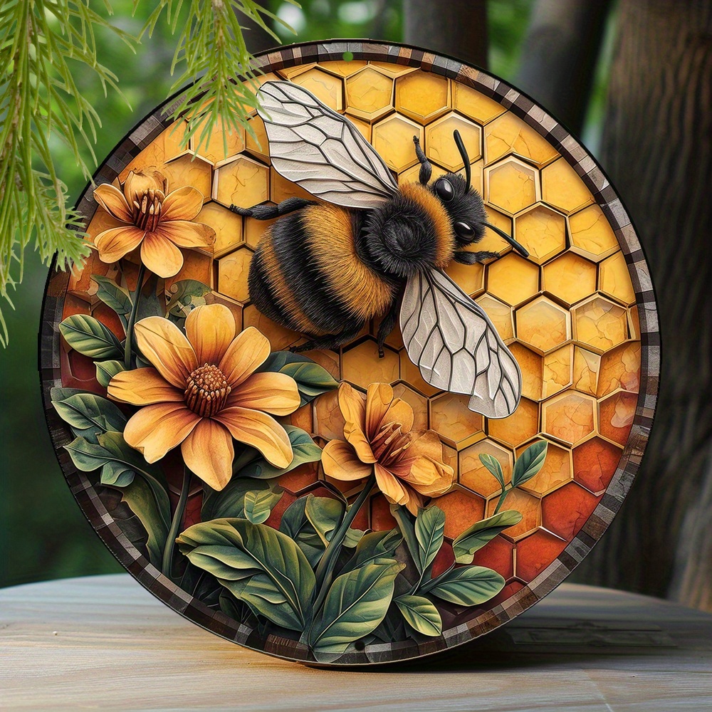

1pc 8x8 Inch Spring Metal Sign Bee And Honeycomb Theme Decoration Faux Origami Window Decorations Round Wreath Sign Garden Decoration Thanksgiving Day Gifts M251