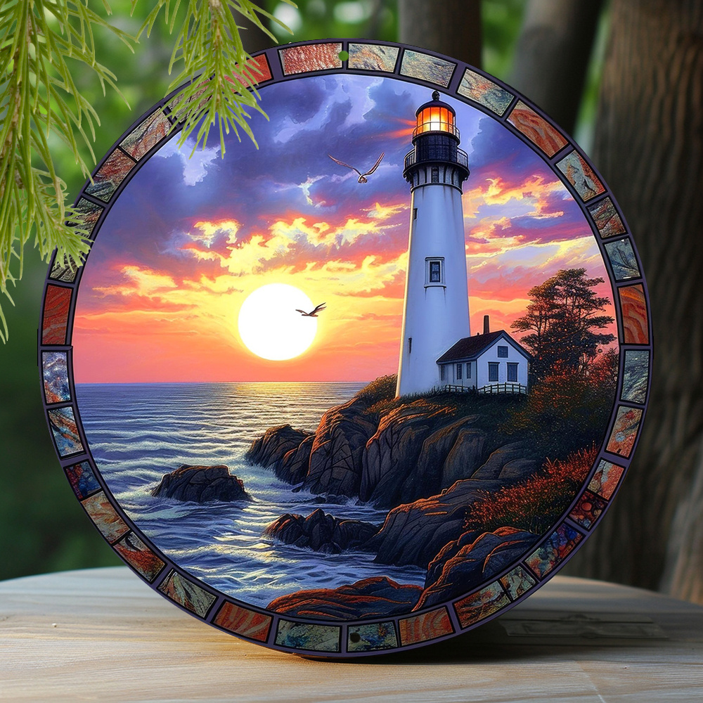 

1pc 8x8 Inch Spring Metal Sign Lighthouse At Dusk Theme Decoration Faux Origami Window Decorations Round Wreath Sign Office Decoration Men Gifts M235