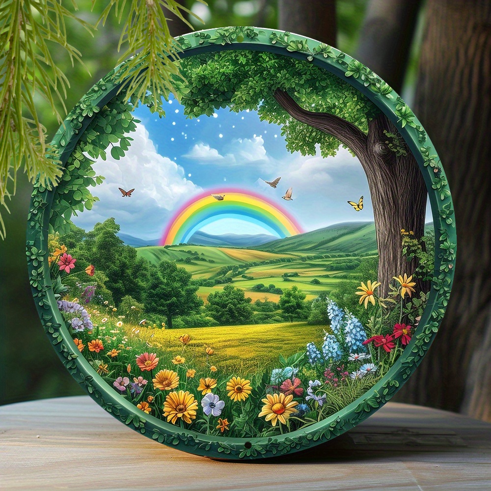 

1pc 8x8 Inch Spring Metal Sign Rainbow Over Meadows Theme Decoration Faux Origami Window Decorations Round Wreath Sign Bedroom Decoration Boys Gifts M178