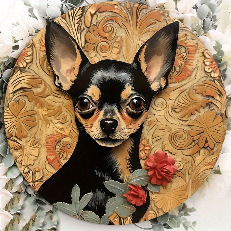 

1pc 8x8inch Aluminum Metal Sign Chihuahua Card, In The Style Of Bowers, Circular Shapes, Framing, Fresco Lc