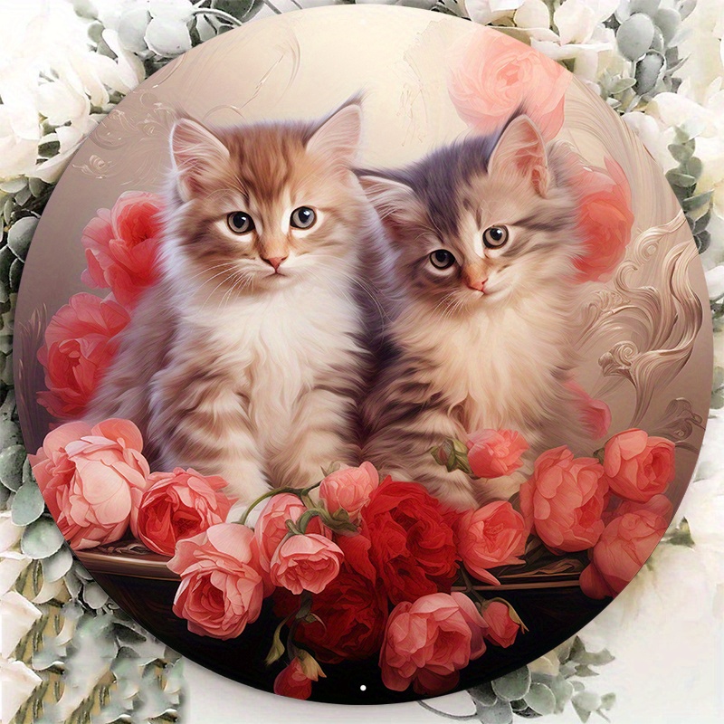 

1pc 8x8inch Aluminum Metal Sign Cute Cat Valentine Wreath Sign, Metal Wreath Sign, Round Wreath Sign, Door Decor