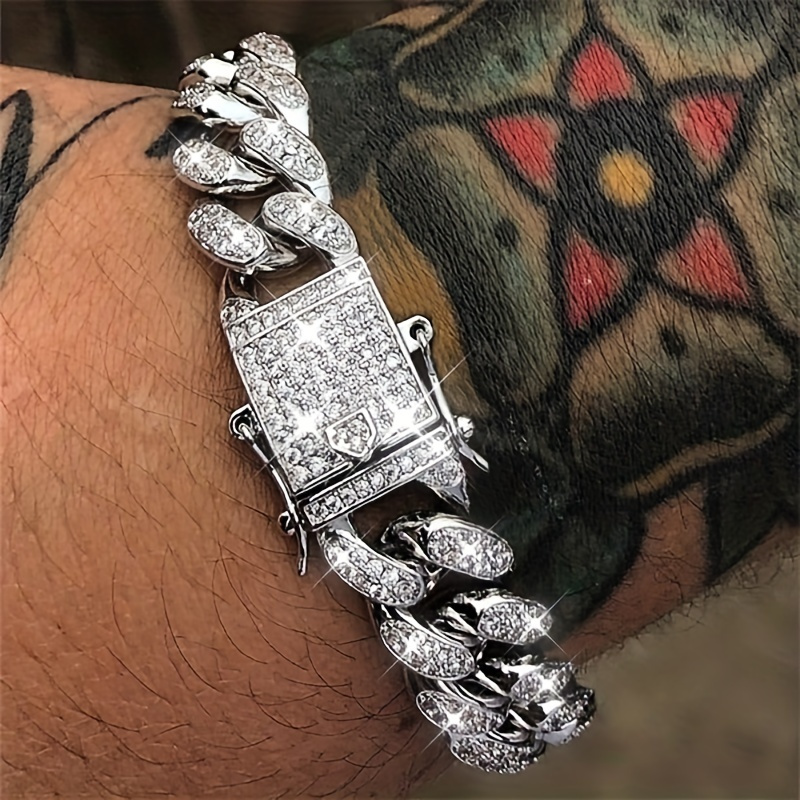 

1pc 12mm Hip Hop Chain Bracelet, Punk Cubic Zirconia Men's Bracelet