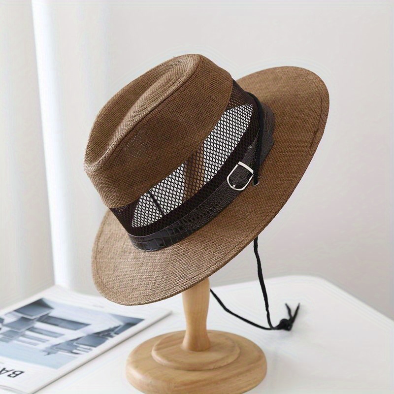 Coffee Fashionable Sun Protection Hat, Men's 1pc Summer Hollow Mesh Beach Breathable Cool Outdoor Straw Hat,Casual,Temu