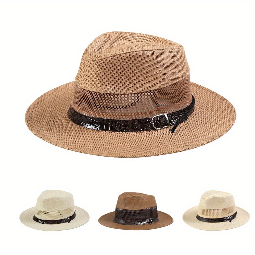 1pc Summer Mens Hollow Mesh Straw Beach Hat Breathable Cool