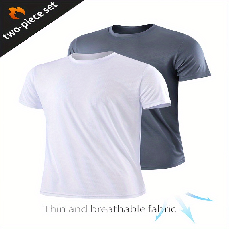 

2pcs Men's Solid Crew Neck Active T-shirts Set, Breathable Quick Dry Short Sleeve Top, Summer Outdoor Workout