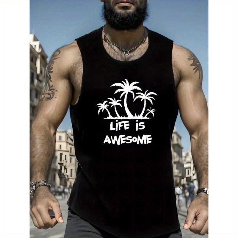 

Coconut Palm Print Comfy Breathable Tank Top, Men's Casual Stretch Sleeveless T-shirt For Summer Gym Workout Training Basketball