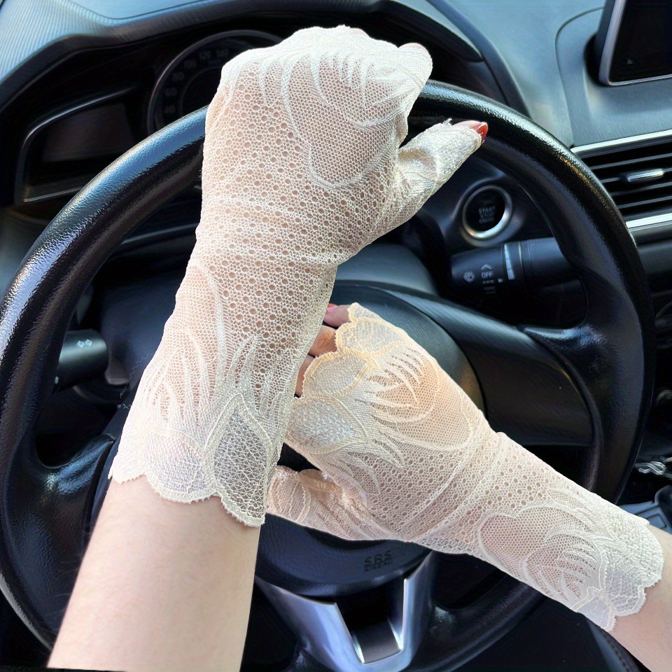 Summer Lace Sun Gloves Solid Color Hollow Fingerless Gloves - Temu