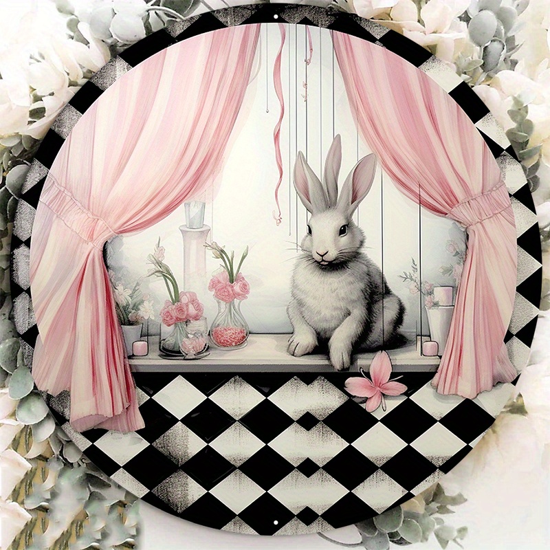 

1pc 8x8inch Aluminum Metal Sign Hoppy Easter Pink And Black Retro Style Easter Bunny Wreath Sign Choose Your Size Circle Wreath Center