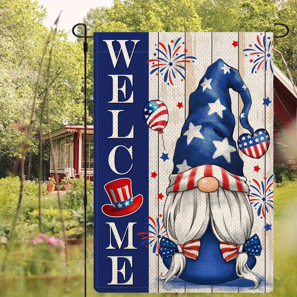 

1pc, Patriotic American Star And Strip Floral Welcome Gnome Garden Flag, Double Sided Garden Yard Flag, Home Decor, Outside Decor, Yard Decor, Garden Decor, Holiday Decor, No Flagpole 12x18in