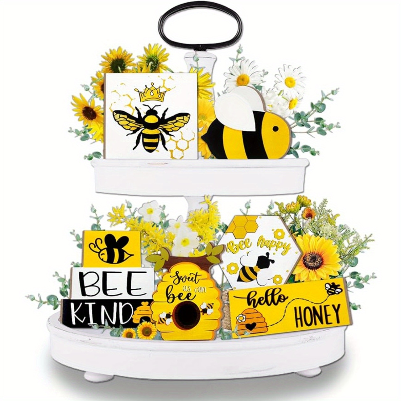 12 piezas de decoración de bandeja escalonada de verano de abejas de miel,  decoración de granja, mini decoración de madera, letrero de madera de