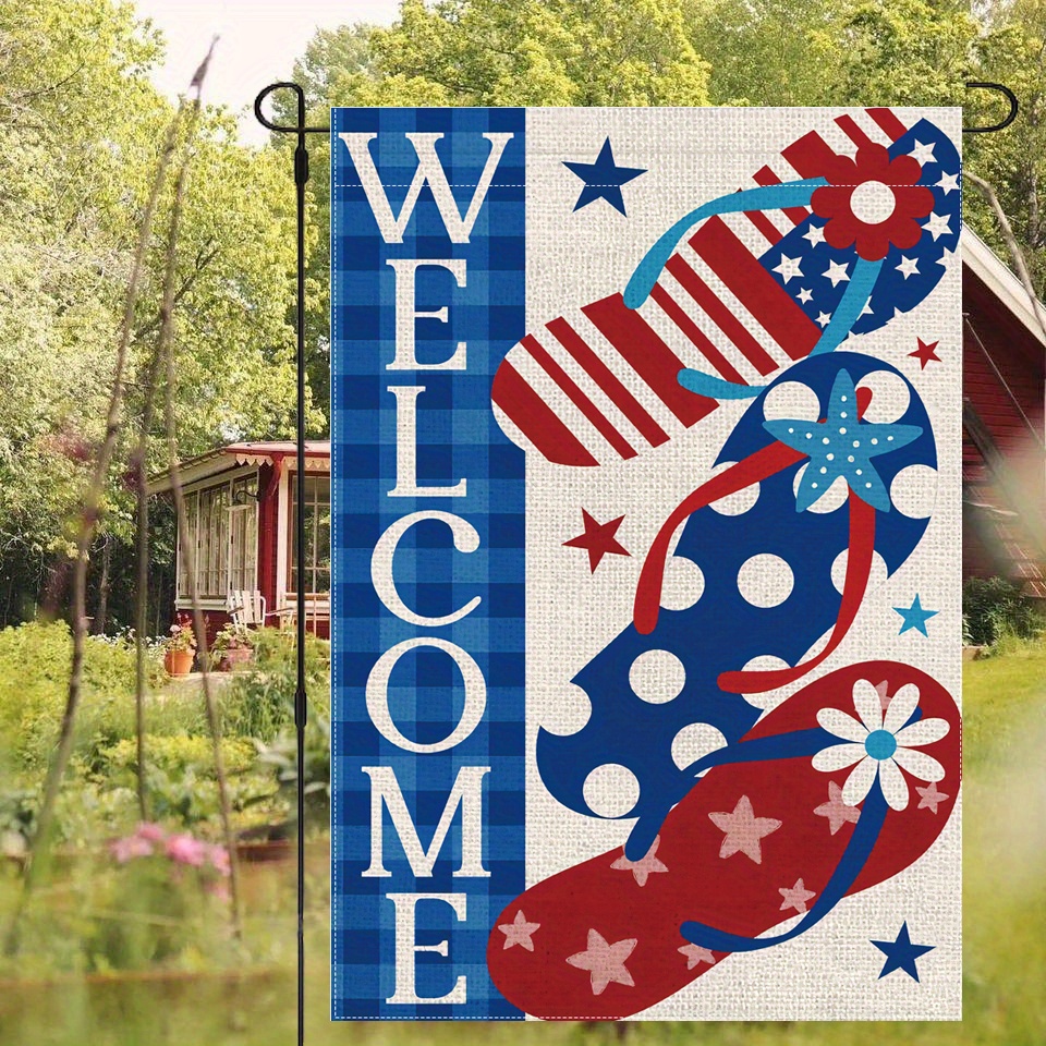 

1pc, Welcome Usa Patriotic Stars And Stripes Flip Flops Summer Garden Flag, Double Sided Garden Yard Flag, Home Decor, Outside Decor, Yard Decor, Garden Decor, Holiday Decor, No Flagpole 12x18in