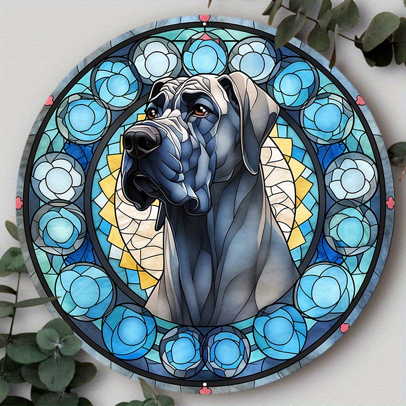 

1pc 8x8inch Aluminum Metal Sign A Stained Glass Design Featuring A Great Dane In The Front, Gothic Grandeur, Rounded, Hyper-realistic Anima Ac Suitable For Various Scenarios