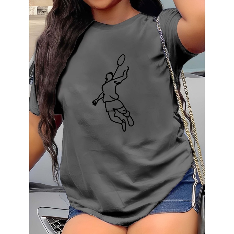 

Badminton Player In Line Art Print T-shirt, Short Sleeve Crew Neck Casual Top For Summer & Spring, Women's Clothing