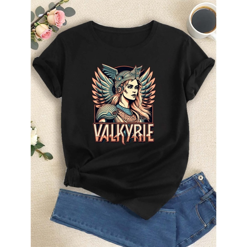 

Valkyrie In Armor Print T-shirt, Short Sleeve Crew Neck Casual Top For Summer & Spring, Women's Clothing
