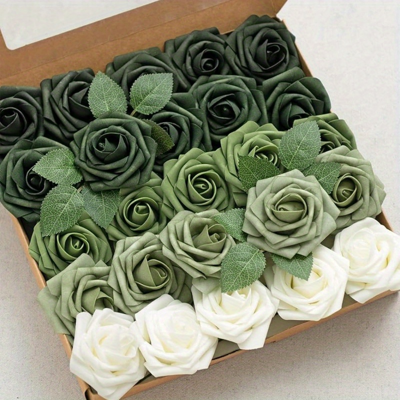 

25pcs Artificial Flowers Real Looking Forest Green Ombre Colors Fake Roses With Stems For Diy Wedding Bouquets Bridal Shower Centerpieces Sage Green Floral Arrangements Decorations