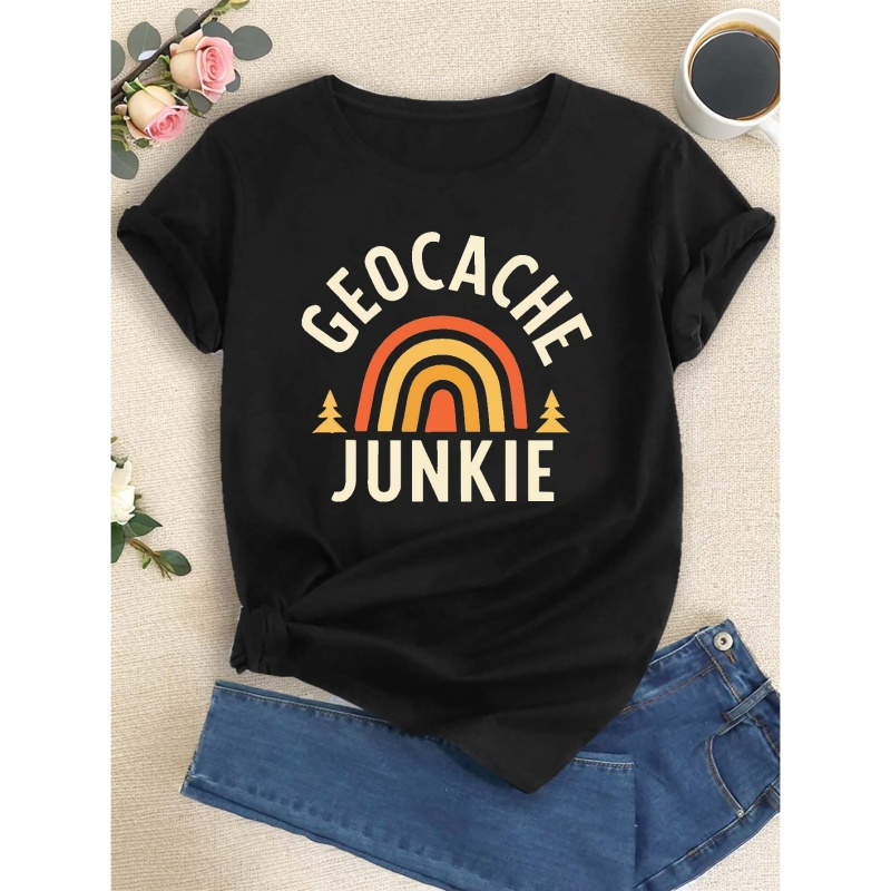 

Junkie Print T-shirt, Short Sleeve Crew Neck Casual Top For Summer & Spring, Women's Clothing